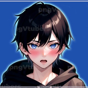 May include: Digital illustration of a person with black hair and bright blue eyes, wearing a black hoodie. The person has a light skin tone with rosy cheeks, set against a blue background with a white border. The image has a digital art style.