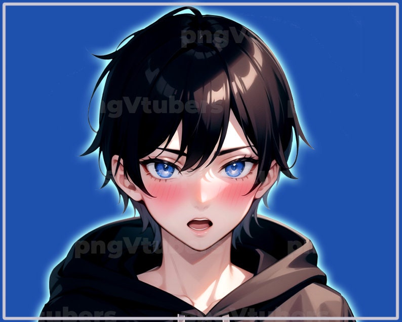 May include: Digital illustration of a person with black hair and bright blue eyes, wearing a black hoodie. The person has a light skin tone with rosy cheeks, set against a blue background with a white border. The image has a digital art style.