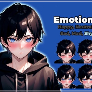 May include: Digital illustration of a person with black hair and blue eyes, wearing a black hoodie. The image includes the word "Emotions" and the words "Happy, Neutral, Sad, Mad, Shy". Additional images show different facial expressions.