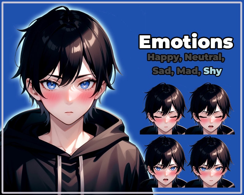 May include: Digital illustration of a person with black hair and blue eyes, wearing a black hoodie. The image includes the word "Emotions" and the words "Happy, Neutral, Sad, Mad, Shy". Additional images show different facial expressions.