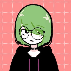 May include: A cartoon illustration of a person with green hair wearing black clothing and round glasses. The person has a neutral expression.
