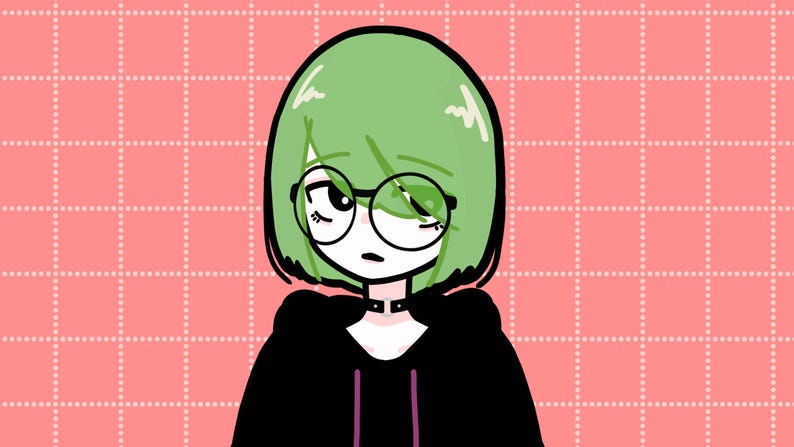 May include: A cartoon illustration of a person with green hair wearing black clothing and round glasses. The person has a neutral expression.