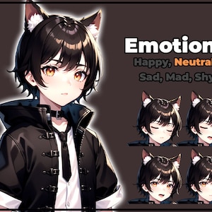 pngTuber, Black Cat Neko Boy 2d Vtuber / Premade & Presetup model with 5 expressions, ready for streaming / Veadotube / Twitch / Male / Boy image 3