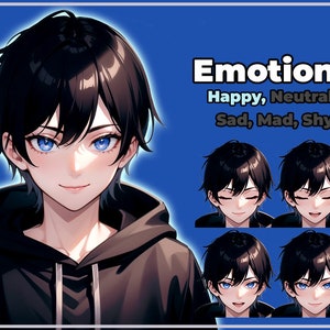May include: Digital art featuring a person with black hair and blue eyes, wearing a black hoodie. The image includes the word "Emotions" and lists "Happy, Neutral, Sad, Mad, Shy" with corresponding facial expressions.