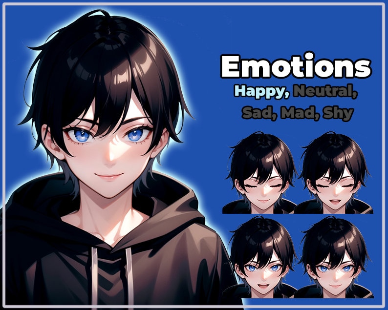 May include: Digital art featuring a person with black hair and blue eyes, wearing a black hoodie. The image includes the word "Emotions" and lists "Happy, Neutral, Sad, Mad, Shy" with corresponding facial expressions.