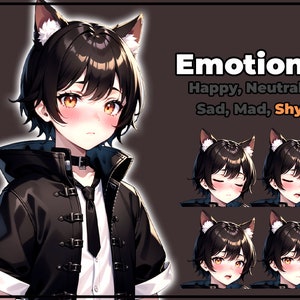 pngTuber, Black Cat Neko Boy 2d Vtuber / Premade & Presetup model with 5 expressions, ready for streaming / Veadotube / Twitch / Male / Boy image 6