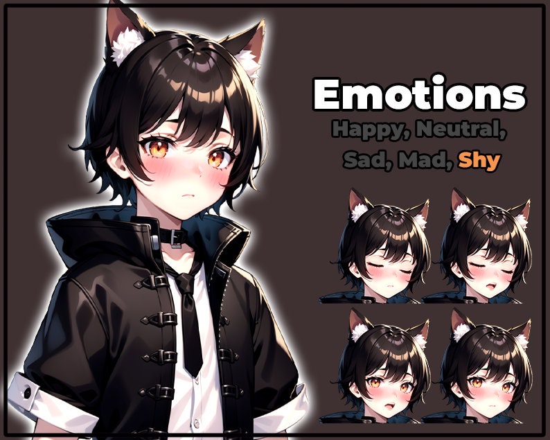 pngTuber, Black Cat Neko Boy 2d Vtuber / Premade & Presetup model with 5 expressions, ready for streaming / Veadotube / Twitch / Male / Boy image 6