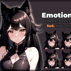 May include: A digital illustration of a black cat girl with long black hair and cat ears. She is crying with tears in her eyes. The image is labelled "Emotions: Happy, Neutral, Sad, Mad, Shy".