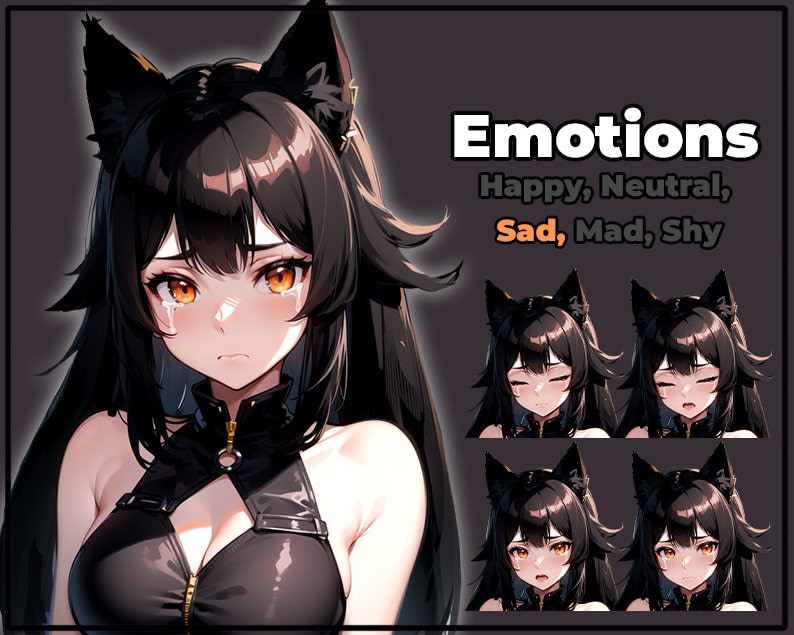 May include: A digital illustration of a black cat girl with long black hair and cat ears. She is crying with tears in her eyes. The image is labelled "Emotions: Happy, Neutral, Sad, Mad, Shy".