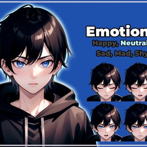 May include: Digital illustration of a person with black hair and blue eyes, wearing a black hoodie. The image includes the word "Emotions" and lists "Happy, Neutral, Sad, Mad, Shy" with corresponding facial expressions.