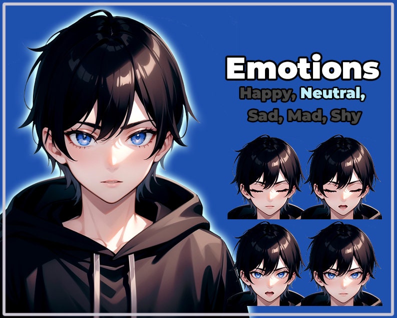 May include: Digital illustration of a person with black hair and blue eyes, wearing a black hoodie. The image includes the word "Emotions" and lists "Happy, Neutral, Sad, Mad, Shy" with corresponding facial expressions.