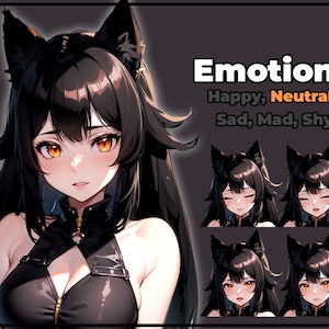 May include: A digital illustration of a female anime character with black hair and cat ears. The character is shown with different facial expressions, including happy, neutral, sad, mad, and shy. The text "Emotions" is displayed above the character, followed by the words "Happy, Neutral, Sad, Mad, Shy".
