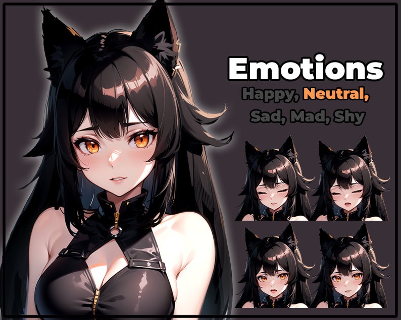 May include: A digital illustration of a female anime character with black hair and cat ears. The character is shown with different facial expressions, including happy, neutral, sad, mad, and shy. The text "Emotions" is displayed above the character, followed by the words "Happy, Neutral, Sad, Mad, Shy".