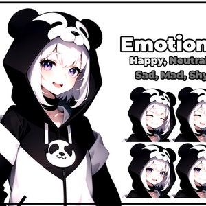 Puede incluir: Una ilustraci&oacute;n digital de una chica de dibujos animados con cabello blanco que lleva una sudadera con capucha de panda en blanco y negro. La chica se muestra con diferentes expresiones faciales, incluyendo feliz, neutral, triste, enojada y t&iacute;mida. El texto "Emotions" est&aacute; escrito sobre la cabeza de la chica, y el texto "Happy, Neutral, Sad, Mad, Shy" est&aacute; escrito debajo de la cabeza de la chica.