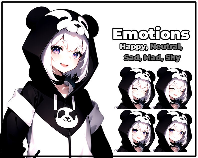 Puede incluir: Una ilustraci&oacute;n digital de una chica de dibujos animados con cabello blanco que lleva una sudadera con capucha de panda en blanco y negro. La chica se muestra con diferentes expresiones faciales, incluyendo feliz, neutral, triste, enojada y t&iacute;mida. El texto "Emotions" est&aacute; escrito sobre la cabeza de la chica, y el texto "Happy, Neutral, Sad, Mad, Shy" est&aacute; escrito debajo de la cabeza de la chica.