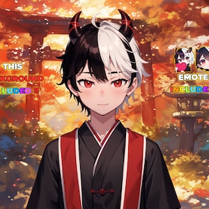 Op de afbeelding: Een digitale illustratie van een jong persoon met zwart en wit haar, rode ogen en hoorns. Ze dragen een zwart en rode kimono. De achtergrond is een kleurrijke herfstsc&egrave;ne met een rode torii-poort. De tekst "THIS BACKGROUND INCLUDED!!" staat in de linkerbovenhoek en de tekst "EMOTES INCLUDED!!" staat in de rechterbovenhoek.