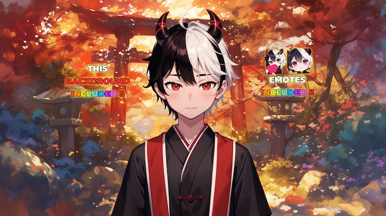 Op de afbeelding: Een digitale illustratie van een jong persoon met zwart en wit haar, rode ogen en hoorns. Ze dragen een zwart en rode kimono. De achtergrond is een kleurrijke herfstsc&egrave;ne met een rode torii-poort. De tekst "THIS BACKGROUND INCLUDED!!" staat in de linkerbovenhoek en de tekst "EMOTES INCLUDED!!" staat in de rechterbovenhoek.
