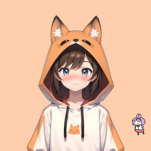 Puede incluir: Una joven con cabello casta&ntilde;o y ojos azules lleva una sudadera blanca y naranja con orejas de zorro. La sudadera tiene una peque&ntilde;a cara de zorro en la parte delantera. Ella sonr&iacute;e y mira a la c&aacute;mara. Un peque&ntilde;o personaje de dibujos animados con orejas de conejo est&aacute; de pie a su derecha.