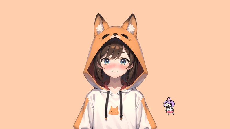 Puede incluir: Una joven con cabello casta&ntilde;o y ojos azules lleva una sudadera blanca y naranja con orejas de zorro. La sudadera tiene una peque&ntilde;a cara de zorro en la parte delantera. Ella sonr&iacute;e y mira a la c&aacute;mara. Un peque&ntilde;o personaje de dibujos animados con orejas de conejo est&aacute; de pie a su derecha.