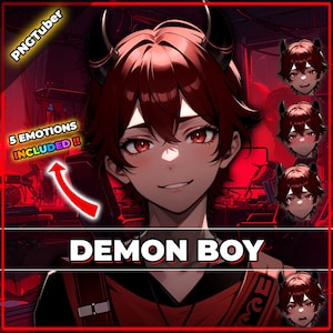 Puede incluir: Ilustración digital de un chico de anime de pelo rojo con cuernos, vistiendo una camisa roja y negra. El texto "DEMON BOY" está debajo de la imagen. Hay cinco imágenes más pequeñas del chico con diferentes expresiones faciales, con el texto "5 EMOTIONS INCLUDED!" encima de la imagen principal.