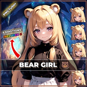 pngTuber、ブラウンベアガールテディ2D Vtuber / 5つの表情を備えたプリメイド＆プリセットアップモデル、ストリーミング準備完了 / Veadotube / Twitch / 準備完了