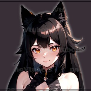May include: A digital illustration of a young woman with long black hair, wearing black cat ears and a black leather outfit. She has orange eyes and a soft smile.