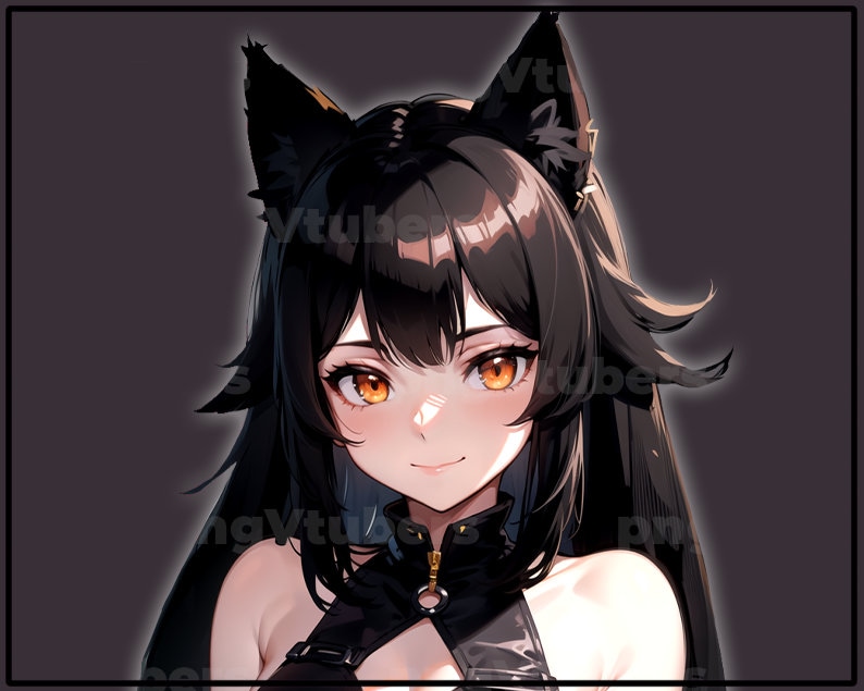 May include: A digital illustration of a young woman with long black hair, wearing black cat ears and a black leather outfit. She has orange eyes and a soft smile.