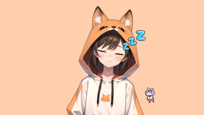 Puede incluir: Una ilustraci&oacute;n de dibujos animados de una ni&ntilde;a que lleva una sudadera con capucha blanca y naranja con orejas de zorro. La sudadera con capucha tiene un peque&ntilde;o gr&aacute;fico de zorro en la parte delantera. La ni&ntilde;a tiene el pelo casta&ntilde;o y sonr&iacute;e con los ojos cerrados. Lleva una sudadera con capucha blanca y naranja con orejas de zorro. La sudadera con capucha tiene un peque&ntilde;o gr&aacute;fico de zorro en la parte delantera. La ni&ntilde;a tiene el pelo casta&ntilde;o y sonr&iacute;e con los ojos cerrados. Est&aacute; durmiendo y hay dos "z" azules sobre su cabeza.