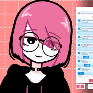 May include: A digital illustration of a cartoon character with pink hair, wearing glasses and a black hooded jacket. The image includes a panel with the text "EditColourAndAccessories" and "exp3 json".