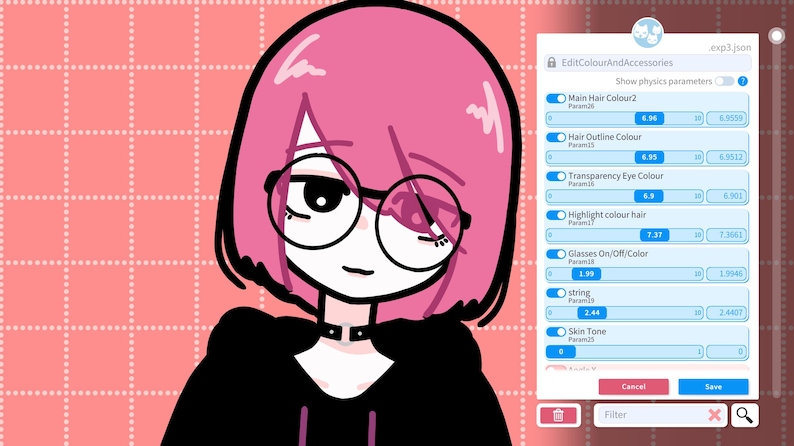 May include: A digital illustration of a cartoon character with pink hair, wearing glasses and a black hooded jacket. The image includes a panel with the text "EditColourAndAccessories" and "exp3 json".
