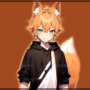 May include: A young person with orange hair and green eyes wearing a black hoodie with a white and orange stripe. They have fox ears and a tail.