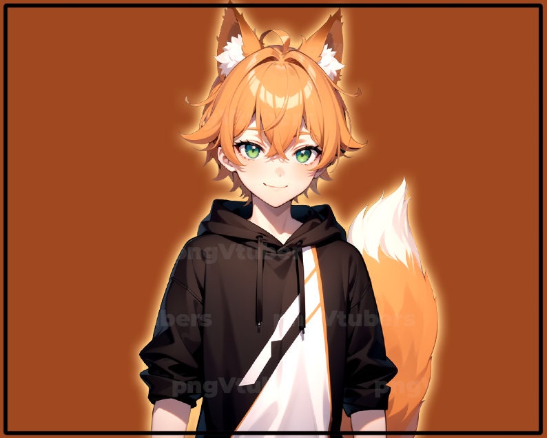 May include: A young person with orange hair and green eyes wearing a black hoodie with a white and orange stripe. They have fox ears and a tail.