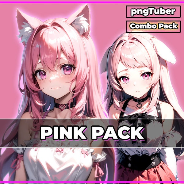 pngTuber, Pink Cat + Dog Girl COMBO PACK Vtuber / Premade & Presetup model with 5 expressions, ready for streaming / Veadotube / Twitch /