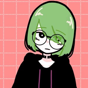 May include: A cartoon illustration of a person with green hair wearing round glasses and a black hoodie with a purple drawstring. The background is a pink grid.