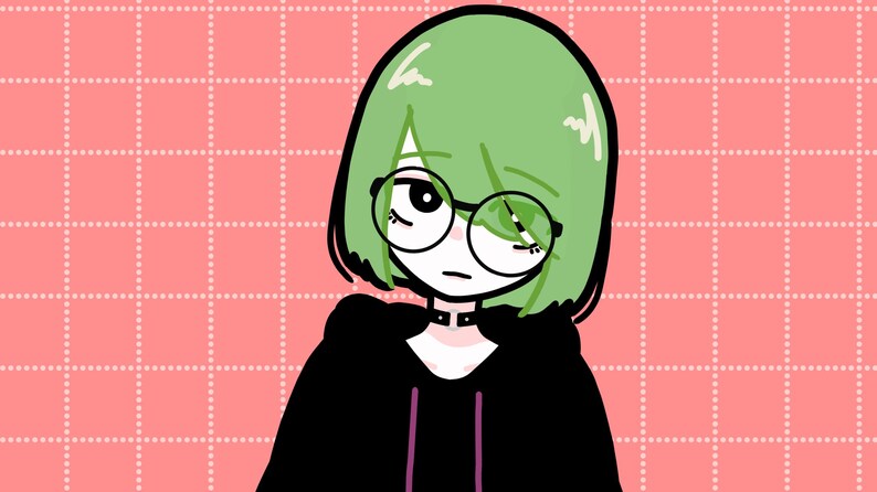 May include: A cartoon illustration of a person with green hair wearing round glasses and a black hoodie with a purple drawstring. The background is a pink grid.