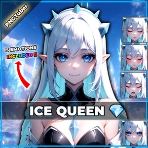 Può includere: Illustrazione digitale di un personaggio femminile anime con occhi blu e lunghi capelli bianchi. Indossa un abito nero e blu con un diamante sul petto. Il testo "ICE QUEEN" è scritto sotto di lei. Ci sono cinque diverse espressioni del personaggio sullo sfondo.