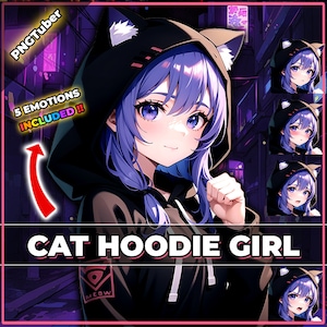 Op de afbeelding: Een digitale illustratie van een meisje met paars haar dat een zwarte hoodie met kattenoren draagt. De hoodie heeft een patch met de tekst "MEOW". De afbeelding bevat vijf verschillende uitdrukkingen van het meisje.