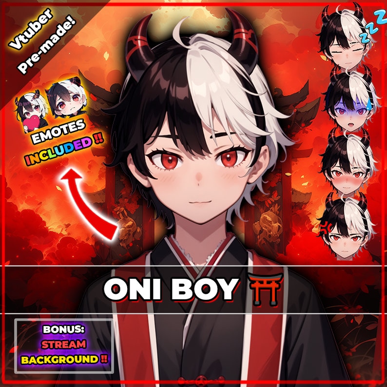 Op de afbeelding: Een digitale illustratie van een jong persoon met zwart en wit haar, rode ogen en hoorns. Ze dragen een rood-zwarte kimono met een rood oni-masker op hun voorhoofd. De afbeelding bevat de tekst "ONI BOY" en een rode Japanse tempelpoort. De afbeelding bevat ook vier kleinere afbeeldingen van het personage met verschillende gezichtsuitdrukkingen.