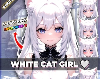 White Cat Neko Girl PNGTuber Model: 5 Expressions (Veadotube)