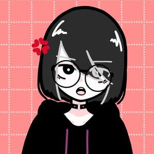 May include: A cartoon illustration of a person with black hair wearing round glasses and a black hoodie with a purple zipper. The person has a red flower on their hair and is looking to the right.