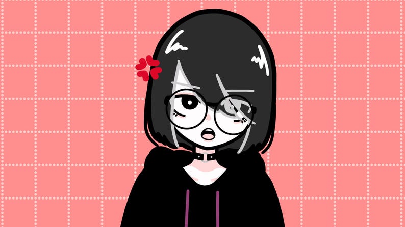 May include: A cartoon illustration of a person with black hair wearing round glasses and a black hoodie with a purple zipper. The person has a red flower on their hair and is looking to the right.