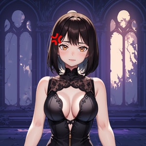 May include: A woman with short black hair is standing in a dark room with large windows. She is wearing a black lace dress and has an angry expression on her face.