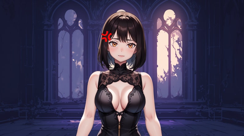 May include: A woman with short black hair is standing in a dark room with large windows. She is wearing a black lace dress and has an angry expression on her face.