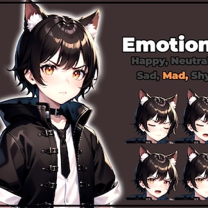 pngTuber, Black Cat Neko Boy 2d Vtuber / Premade & Presetup model with 5 expressions, ready for streaming / Veadotube / Twitch / Male / Boy image 5