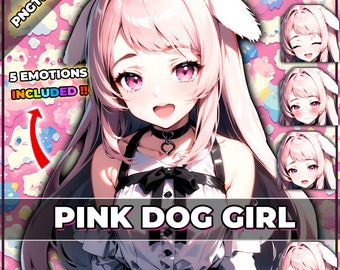 pngTuber, Pink Puppy Dog Girl 2d Vtuber / Premade & Presetup model with 5 expressions, ready for streaming / Veadotube / Twitch / Ready Use