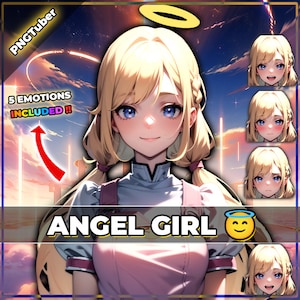 Puede incluir: Ilustración digital de una chica ángel de estilo anime con cabello rubio y ojos azules. La imagen incluye cinco expresiones diferentes de la chica, incluyendo sonreír, sonrojarse y sorprenderse. El texto "ANGEL GIRL" se muestra en la parte inferior de la imagen.