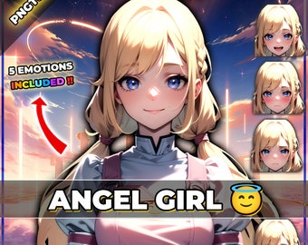 May include: Digital illustration of an anime-style angel girl with blonde hair and blue eyes. The image includes five different expressions of the girl, including smiling, blushing, and surprised. The text "ANGEL GIRL" is displayed at the bottom of the image.