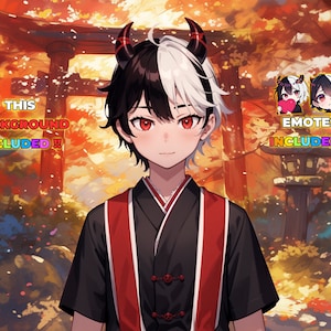 Op de afbeelding: Een digitale illustratie van een jong persoon met zwart en wit haar, rode ogen en hoorns. Ze dragen een zwart en rode kimono. De achtergrond is een kleurrijk herfsttafereel met een rode torii-poort. De tekst "THIS BACKGROUND INCLUDED!!" en "EMOTES INCLUDED!!" is zichtbaar in de afbeelding.