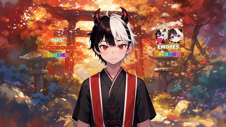 Op de afbeelding: Een digitale illustratie van een jong persoon met zwart en wit haar, rode ogen en hoorns. Ze dragen een zwart en rode kimono. De achtergrond is een kleurrijk herfsttafereel met een rode torii-poort. De tekst "THIS BACKGROUND INCLUDED!!" en "EMOTES INCLUDED!!" is zichtbaar in de afbeelding.