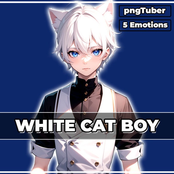 pngTuber, White Cat Neko Boy 2d Vtuber / Premade & Presetup model with 5 expressions, ready for streaming / Veadotube / Twitch / Male